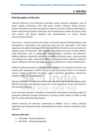 Advanced Diploma (Vocational) in Industrial Electronics & Automation
12
Brief description of Job roles:
Industrial Electronics and Automation technician repairs electronic equipment, such as
power supplies, Multimeters, UPS, Solar power systems, electronic billing machines.
Perform Installation and commissioning of PLC Systems, AC drives, SCADA and HMI Systems.
Perform field wiring of process instruments and troubleshoot for proper functioning. Work
with systems and devices designed with microcontrollers on various industry
communication protocols.
Wire various industrial controls, transmitters, and control systems following blueprints and
manufacturer's specifications and using hand tools and test instruments. Tests faulty
equipment and applies knowledge of functional operation of electronic units and systems to
diagnose cause of malfunction. Tests electronic components and circuits to locate defects,
using instruments, such as oscilloscopes, signal generators, ammeters and voltmeters.
Replaces defective components and wiring and adjusts mechanical parts, using hand tools
and soldering iron. Aligns, adjusts and calibrates testing instruments. Maintains records of
repairs, calibrations and test. May install equipment in industrial or military establishments.
Follow the Safety precautions to be taken while working on the automated machines and
process plant equipments. Perform testing by observing Quality checks to be followed.
Ensures routine maintenance of process control equipment and follow maintenance
schedules of the concerned equipment.
Operate and control of Pneumatic and Hydraulic equipment (air compressor, power pack).
Maintain Pneumatic and hydraulic pressure for various applications as per requirement of
CNC and other machines.
As an automation specialist, Individuals at this job are responsible for providing support to
production operations through maintenance of process control systems installed at shop
floor for various manufacturing processes.
Perform electrical and electronic maintenance of ROBOTs used in various industrial
applications by checking the wiring, replacing defective sensors, actuators and other control
elements.
Reference NCO-2015:
• 7421.0300 – Electronic Mechanic
• 7412.0101 – Automation Specialist
3. JOB ROLE
 