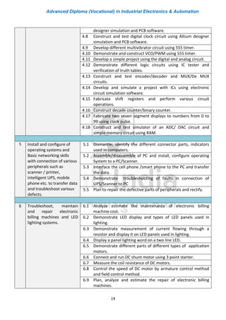 Advanced Diploma (Vocational) in Industrial Electronics & Automation
19
designer simulation and PCB software.
4.8 Construct and test digital clock circuit using Altium designer
simulation and PCB software.
4.9 Develop different multivibrator circuit using 555 timer.
4.10 Demonstrate and construct VCO/PWM using 555 timer.
4.11 Develop a simple project using the digital and analog circuit.
4.12 Demonstrate different logic circuits using IC tester and
verification of truth tables.
4.13 Construct and test encoder/decoder and MUX/De MUX
circuits.
4.14 Develop and simulate a project with ICs using electronic
circuit simulation software.
4.15 Fabricate shift registers and perform various circuit
operations.
4.16 Construct decade counter/binary counter.
4.17 Fabricate two seven segment displays to numbers from 0 to
99 using clock pulse.
4.18 Construct and test simulator of an ADC/ DAC circuit and
simple memory circuit using RAM.
5 Install and configure of
operating systems and
Basic networking skills
with connection of various
peripherals such as
scanner / printer,
intelligent UPS, mobile
phone etc. to transfer data
and troubleshoot various
defects.
5.1 Dismantle; identify the different connector parts, indicators
used in computers.
5.2 Assemble/disassemble of PC and install, configure operating
System to a PC/Scanner.
5.3 Interface the cell phone /smart phone to the PC and transfer
the data.
5.4 Demonstrate troubleshooting of faults in connection of
UPS/Scanner to PC
5.5 Plan to repair the defective parts of peripherals and rectify.
6 Troubleshoot, maintain
and repair electronic
billing machines and LED
lighting systems.
6.1 Analyze estimate the maintenance of electronic billing
machine cost.
6.2 Demonstrate LED display and types of LED panels used in
lighting.
6.3 Demonstrate measurement of current flowing through a
resistor and display it on LED panels used in lighting.
6.4 Display a panel lighting word on a two line LED.
6.5 Demonstrate different parts of different types of application
motors.
6.6 Connect and run DC shunt motor using 3 point starter.
6.7 Measure the coil resistance of DC motors.
6.8 Control the speed of DC motor by armature control method
and field control method.
6.9 Plan, analyze and estimate the repair of electronic billing
machines.
 