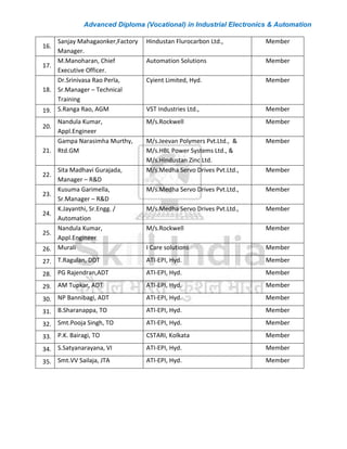 Advanced Diploma (Vocational) in Industrial Electronics & Automation
16.
Sanjay Mahagaonker,Factory
Manager.
Hindustan Flurocarbon Ltd., Member
17.
M.Manoharan, Chief
Executive Officer.
Automation Solutions Member
18.
Dr.Srinivasa Rao Perla,
Sr.Manager – Technical
Training
Cyient Limited, Hyd. Member
19. S.Ranga Rao, AGM VST Industries Ltd., Member
20.
Nandula Kumar,
Appl.Engineer
M/s.Rockwell Member
21.
Gampa Narasimha Murthy,
Rtd.GM
M/s.Jeevan Polymers Pvt.Ltd., &
M/s.HBL Power Systems Ltd., &
M/s.Hindustan Zinc Ltd.
Member
22.
Sita Madhavi Gurajada,
Manager – R&D
M/s.Medha Servo Drives Pvt.Ltd., Member
23.
Kusuma Garimella,
Sr.Manager – R&D
M/s.Medha Servo Drives Pvt.Ltd., Member
24.
K.Jayanthi, Sr.Engg. /
Automation
M/s.Medha Servo Drives Pvt.Ltd., Member
25.
Nandula Kumar,
Appl.Engineer
M/s.Rockwell Member
26. Murali I Care solutions Member
27. T.Ragulan, DDT ATI-EPI, Hyd. Member
28. PG Rajendran,ADT ATI-EPI, Hyd. Member
29. AM Tupkar, ADT ATI-EPI, Hyd. Member
30. NP Bannibagi, ADT ATI-EPI, Hyd. Member
31. B.Sharanappa, TO ATI-EPI, Hyd. Member
32. Smt.Pooja Singh, TO ATI-EPI, Hyd. Member
33. P.K. Bairagi, TO CSTARI, Kolkata Member
34. S.Satyanarayana, VI ATI-EPI, Hyd. Member
35. Smt.VV Sailaja, JTA ATI-EPI, Hyd. Member
 