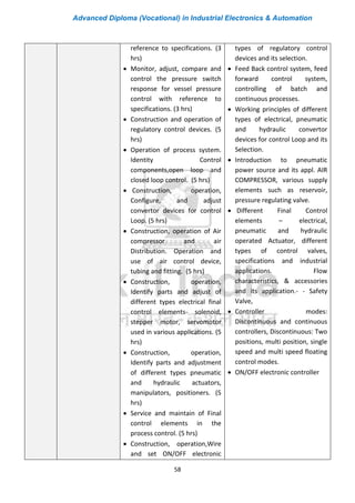 Advanced Diploma (Vocational) in Industrial Electronics & Automation
58
reference to specifications. (3
hrs)
• Monitor, adjust, compare and
control the pressure switch
response for vessel pressure
control with reference to
specifications. (3 hrs)
• Construction and operation of
regulatory control devices. (5
hrs)
• Operation of process system.
Identity Control
components,open loop and
closed loop control. (5 hrs)
• Construction, operation,
Configure, and adjust
convertor devices for control
Loop. (5 hrs)
• Construction, operation of Air
compressor and air
Distribution. Operation and
use of air control device,
tubing and fitting. (5 hrs)
• Construction, operation,
Identify parts and adjust of
different types electrical final
control elements- solenoid,
stepper motor, servomotor
used in various applications. (5
hrs)
• Construction, operation,
Identify parts and adjustment
of different types pneumatic
and hydraulic actuators,
manipulators, positioners. (5
hrs)
• Service and maintain of Final
control elements in the
process control. (5 hrs)
• Construction, operation,Wire
and set ON/OFF electronic
types of regulatory control
devices and its selection.
• Feed Back control system, feed
forward control system,
controlling of batch and
continuous processes.
• Working principles of different
types of electrical, pneumatic
and hydraulic convertor
devices for control Loop and its
Selection.
• Introduction to pneumatic
power source and its appl. AIR
COMPRESSOR, various supply
elements such as reservoir,
pressure regulating valve.
• Different Final Control
elements – electrical,
pneumatic and hydraulic
operated Actuator, different
types of control valves,
specifications and industrial
applications. Flow
characteristics, & accessories
and its application.- - Safety
Valve,
• Controller modes:
Discontinuous and continuous
controllers, Discontinuous: Two
positions, multi position, single
speed and multi speed floating
control modes.
• ON/OFF electronic controller
 
