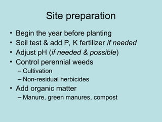 Site preparation
• Begin the year before planting
• Soil test & add P, K fertilizer if needed
• Adjust pH (if needed & possible)
• Control perennial weeds
– Cultivation
– Non-residual herbicides
• Add organic matter
– Manure, green manures, compost
 