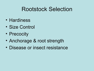 Rootstock Selection
• Hardiness
• Size Control
• Precocity
• Anchorage & root strength
• Disease or insect resistance
 