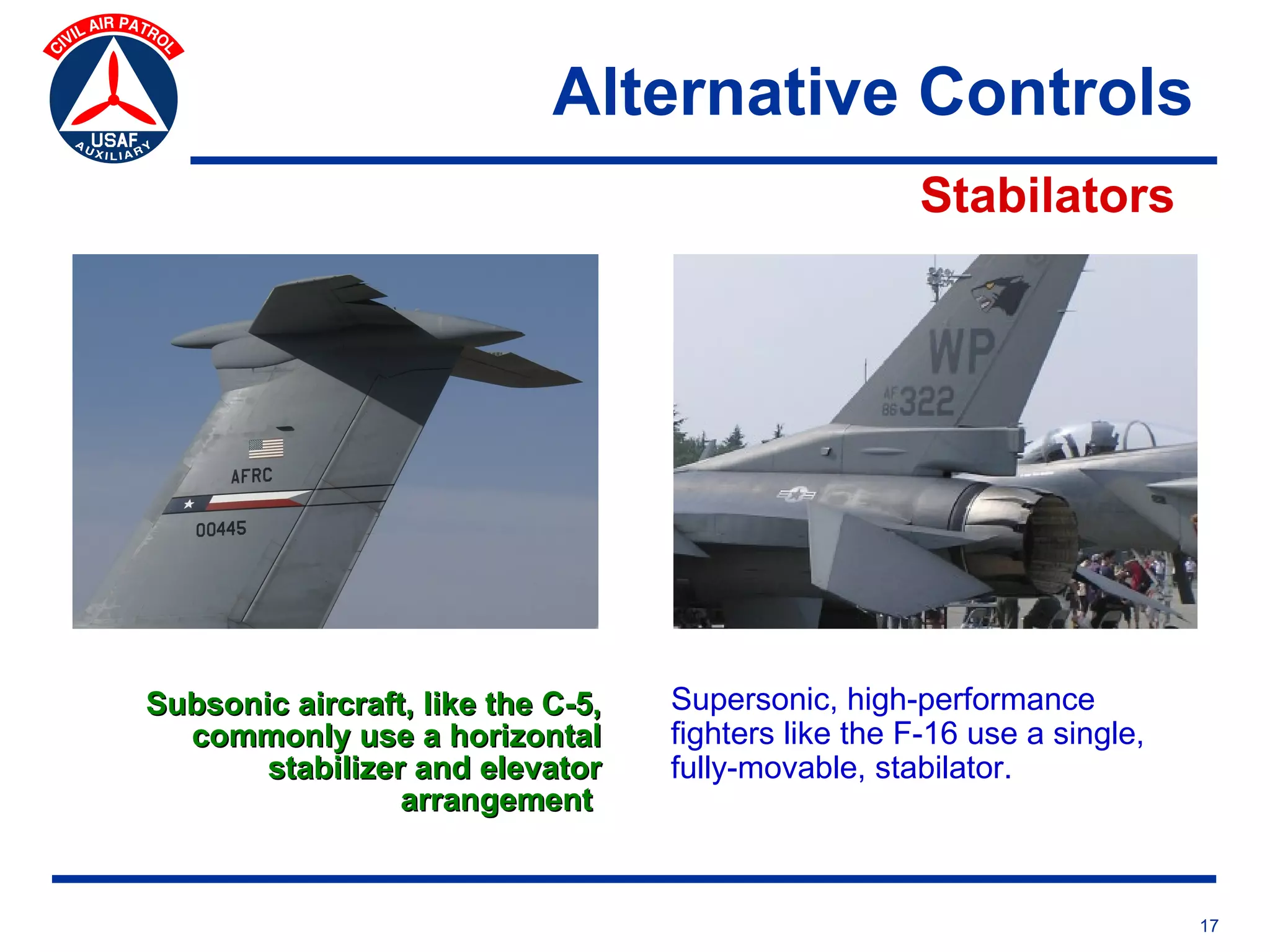 Alternative Controls
                                                     Stabilators




Subsonic aircraft, like the C-5,   Supersonic, high-performance
  commonly use a horizontal        fighters like the F-16 use a single,
       stabilizer and elevator     fully-movable, stabilator.
                 arrangement


                                                                          17
 