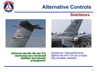 Alternative Controls
                                                     Stabilators




Subsonic aircraft, like the C-5,   Supersonic, high-performance
  commonly use a horizontal        fighters like the F-16 use a single,
       stabilizer and elevator     fully-movable, stabilator.
                 arrangement


                                                                          17
 