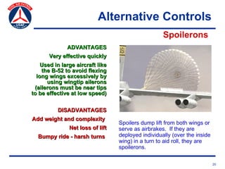 Alternative Controls
                                                    Spoilerons
              ADVANTAGES
       Very effective quickly
    Used in large aircraft like
    the B-52 to avoid flexing
  long wings excessively by
      using wingtip ailerons
 (ailerons must be near tips
to be effective at low speed)


          DISADVANTAGES
Add weight and complexity
                                  Spoilers dump lift from both wings or
               Net loss of lift   serve as airbrakes. If they are
  Bumpy ride - harsh turns        deployed individually (over the inside
                                  wing) in a turn to aid roll, they are
                                  spoilerons.

                                                                           20
 