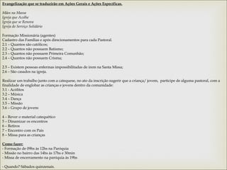 Evangelização que se traduzirão em Ações Gerais e Ações Específicas.
 
Mãos na Massa
Igreja que Acolhe 
Igreja que se Renova 
Igreja do Serviço Solidário
 
Formação Missionária (agentes)
Cadastro das Famílias e após direcionamentos para cada Pastoral.
2.1 – Quantos são católicos;
2.2 – Quantos não possuem Batismo;
2.3 – Quantos não possuem Primeira Comunhão;
2.4 – Quantos não possuem Crisma;
 
2.5 – Existem pessoas enfermas impossibilitadas de irem na Santa Missa;
2.6 – São casados na igreja.
 
Realizar um trabalho junto com a catequese, no ato da inscrição sugerir que a criança/ jovem, participe de alguma pastoral, com a
finalidade de englobar as crianças e jovens dentro da comunidade:
3.1 - Acólitos
3.2 – Música
3.4 – Dança
3.5 – Missão
3.6 – Grupo de jovens
 
4 – Rever o material catequético
5 – Dinamizar os encontros
6 – Retiros
7 – Encontro com os Pais
8 – Missa para as crianças
 
Como fazer:
- Formação de 09hs às 12hs na Paróquia
- Missão no bairro das 14hs às 17hs e 30min
- Missa de encerramento na paróquia às 19hs
 
- Quando? Sábados quinzenais.
 