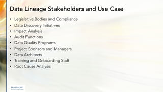 Data Lineage Stakeholders and Use Cases
Data Lineage Stakeholders and Use Case
• Legislative Bodies and Compliance
• Data ...