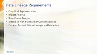 Data Lineage Requirements
Data Lineage Requirements
• Graphical Representation
• Impact Analysis
• Root Cause Analysis
• E...