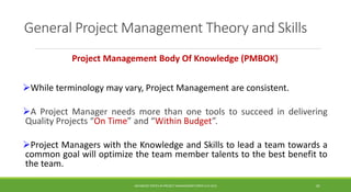 General Project Management Theory and Skills
Project Management Body Of Knowledge (PMBOK)
While terminology may vary, Project Management are consistent.
A Project Manager needs more than one tools to succeed in delivering
Quality Projects “On Time” and “Within Budget”.
Project Managers with the Knowledge and Skills to lead a team towards a
common goal will optimize the team member talents to the best benefit to
the team.
ADVANCED TOPICS IN PROJECT MANAGEMENT [PROF.G.K.VIJU] 10
 