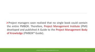 Project managers soon realized that no single book could contain
the entire PMBOK. Therefore, Project Management Institute (PMI)
developed and published A Guide to the Project Management Body
of Knowledge (PMBOK® Guide).
ADVANCED TOPICS IN PROJECT MANAGEMENT [PROF.G.K.VIJU] 12
 