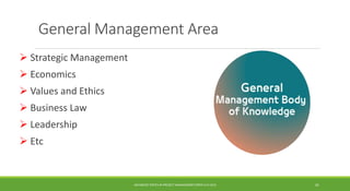 General Management Area
 Strategic Management
 Economics
 Values and Ethics
 Business Law
 Leadership
 Etc
ADVANCED TOPICS IN PROJECT MANAGEMENT [PROF.G.K.VIJU] 16
 