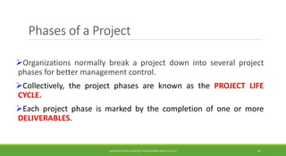 Phases of a Project
Organizations normally break a project down into several project
phases for better management control.
Collectively, the project phases are known as the PROJECT LIFE
CYCLE.
Each project phase is marked by the completion of one or more
DELIVERABLES.
ADVANCED TOPICS IN PROJECT MANAGEMENT [PROF.G.K.VIJU] 19
 