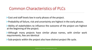 Common Characteristics of PLCs
Cost and staff levels low in early phases of the project.
Probability of failure, risk and uncertainty are highest in the early phases.
Ability of stakeholders to influence the outcome of the project are highest
at the beginning of the project.
Although many projects have similar phase names, with similar work
requirements, few are identical
Sub-projects within the project also have distinct project life cycle.
ADVANCED TOPICS IN PROJECT MANAGEMENT [PROF.G.K.VIJU]
27
 