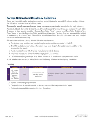 ADV 1100 (01-2011)
Page 18 of 24 Fidelity & Guaranty Life Insurance Company Rev. 03-2023 23-0007
Foreign National and Residency Guidelines
Below are the guidelines for applications received on individuals who are not U.S. citizens and are living in
the U.S. either on a part-time or full-time basis.
The specific guidelines regarding rate class, coverage amounts, etc. are noted under each category.
Accelerated Death Benefit for Critical Illness, Chronic Illness and Terminal Illness are available through Table
D, subject to state specific regulation. Spouse Term Rider, Primary Insured Level Term Rider, Children’s Term
Rider, Waiver of Monthly Deduction Rider, and Waiver of Specified Premium Rider are also available, subject
to underwriting. Accidental Death Benefit Rider is available to Class A and B countries if there is no travel to
hazardous areas in that country.
All categories must also comply with the following requirements:
a. Application must be taken and medical requirements must be completed in the U.S.
b. The APS and other underwriting information must be in English. Translation cost is paid for by the
applicant or the agent.
c. Funds must be from a U.S. financial institution and in U.S. dollars.
d. Proposed Insured and Owner must have a physical U.S. address.
e. Dependents seeking coverage must reside in the U.S. or Puerto Rico on a permanent basis.
At the underwriter’s discretion, documentation of residency, finances or identity may be required.
Category 1
Category Tax ID Proof of Identity Requirements: Life
1
U.S. citizens
& lawful
permanent
residents
(PR/green
card holders)
SSN
In accordance with
Life and Annuity
application
Must have resided in the U.S. a minimum of 6 consecutive
months
• Normal underwriting requirements
• Category 1 has no issue limits due to residency status. Normal product limits apply.
• Preferred rates available based on Product Guidelines
 