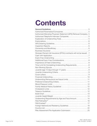 ADV 1100 (01-2011)
Page 3 of 24 Fidelity & Guaranty Life Insurance Company Rev. 03-2023 23-0007
Contents
General Guidelines . . . . . . . . . . . . . . . . . . . . . . . . . . . . . . . . . . . . . . . . 5
Authorized Paramedical Companies  . . . . . . . . . . . . . . . . . . . . . . . . . . . 5
Authorized Attending Physician Statement (APS) Retrieval Company . 5
Authorized Telephone Interview Companies . . . . . . . . . . . . . . . . . . . . . 5
Explanation of Underwriting Tools . . . . . . . . . . . . . . . . . . . . . . . . . . . . . 5
Examinations . . . . . . . . . . . . . . . . . . . . . . . . . . . . . . . . . . . . . . . . . . . . . . 6
APS Ordering Guidelines  . . . . . . . . . . . . . . . . . . . . . . . . . . . . . . . . . . . . 6
Inspection Reports . . . . . . . . . . . . . . . . . . . . . . . . . . . . . . . . . . . . . . . . . 6
Ownership and Beneficiary . . . . . . . . . . . . . . . . . . . . . . . . . . . . . . . . . . . 6
Business Insurance . . . . . . . . . . . . . . . . . . . . . . . . . . . . . . . . . . . . . . . . . 7
Stranger-Owned Life Insurance (STOLI) contracts will not be issued.  . 7
Cash with Application . . . . . . . . . . . . . . . . . . . . . . . . . . . . . . . . . . . . . . . 7
Exam-Free Underwriting . . . . . . . . . . . . . . . . . . . . . . . . . . . . . . . . . . . . . 7
Additional Exam-Free Considerations . . . . . . . . . . . . . . . . . . . . . . . . . . 8
Importance of Field Underwriting . . . . . . . . . . . . . . . . . . . . . . . . . . . . . . 8
Time Limit for Completing Underwriting Requirements . . . . . . . . . . . . . 8
Non-Working Spouse . . . . . . . . . . . . . . . . . . . . . . . . . . . . . . . . . . . . . . . 9
Juvenile (age 15 days through 17 years)  . . . . . . . . . . . . . . . . . . . . . . . . 9
Juvenile Underwriting Criteria  . . . . . . . . . . . . . . . . . . . . . . . . . . . . . . . . 9
Cover Letters . . . . . . . . . . . . . . . . . . . . . . . . . . . . . . . . . . . . . . . . . . . . . . 9
Financial Underwriting  . . . . . . . . . . . . . . . . . . . . . . . . . . . . . . . . . . . . . 10
Underwriting Reinsurance and Issue Limits . . . . . . . . . . . . . . . . . . . . . 11
Preferred Underwriting Criteria . . . . . . . . . . . . . . . . . . . . . . . . . . . . . . . 11
Blood Pressure Limits . . . . . . . . . . . . . . . . . . . . . . . . . . . . . . . . . . . . . . 12
Family Medical History Guidelines . . . . . . . . . . . . . . . . . . . . . . . . . . . . 12
Cholesterol Limits . . . . . . . . . . . . . . . . . . . . . . . . . . . . . . . . . . . . . . . . . 12
Tobacco Guidelines  . . . . . . . . . . . . . . . . . . . . . . . . . . . . . . . . . . . . . . . 12
Build Chart  . . . . . . . . . . . . . . . . . . . . . . . . . . . . . . . . . . . . . . . . . . . . . . 13
Juvenile Height/Weight . . . . . . . . . . . . . . . . . . . . . . . . . . . . . . . . . . . . . 14
Underwriting Requirements by Age and Face Amount . . . . . . . . . . . . 15
F&G Pathsetter®
 . . . . . . . . . . . . . . . . . . . . . . . . . . . . . . . . . . . . . . . . . . 16
F&G Everlast®
 . . . . . . . . . . . . . . . . . . . . . . . . . . . . . . . . . . . . . . . . . . . . 17
Foreign National and Residency Guidelines . . . . . . . . . . . . . . . . . . . . . 18
Country List . . . . . . . . . . . . . . . . . . . . . . . . . . . . . . . . . . . . . . . . . . . . . . 22
Risk Assessment Pre-Application Submission  . . . . . . . . . . . . . . . . . . 25
 