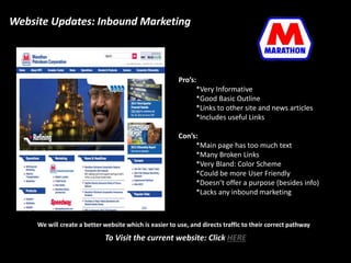 Website Updates: Inbound Marketing 
Pro’s: 
*Very Informative 
*Good Basic Outline 
*Links to other site and news articles 
*Includes useful Links 
Con’s: 
*Main page has too much text 
*Many Broken Links 
*Very Bland: Color Scheme 
*Could be more User Friendly 
*Doesn’t offer a purpose (besides info) 
*Lacks any inbound marketing 
We will create a better website which is easier to use, and directs traffic to their correct pathway 
To Visit the current website: Click HERE 
 