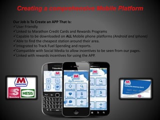 Our Job Is To Create an APP That Is: 
User Friendly 
Linked to Marathon Credit Cards and Rewards Programs 
Capable to be downloaded on ALL Mobile phone platforms (Android and Iphone) 
Able to find the cheapest station around their area. 
Integrated to Track Fuel Spending and reports. 
Compatible with Social Media to allow incentives to be seen from our pages. 
Linked with rewards incentives for using the APP. 
 