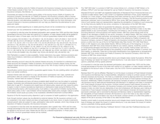 For financial professional use only. Not for use with the general public. ADV 3840 (04-2023)
Page 7 of 7 Fidelity & Guaranty Life Insurance Company 23-0258
“F&G” is the marketing name for Fidelity & Guaranty Life Insurance Company issuing insurance in the
United States outside of New York. Life insurance and annuities issued by Fidelity & Guaranty Life
Insurance Company, Des Moines, IA.
Guarantees are based on the claims paying ability of the issuing insurer, Fidelity & Guaranty Life
Insurance Company, Des Moines, IA. Fidelity & Guaranty Life Insurance Company offers a diverse
portfolio of life insurance policies. Before purchasing, consider your ability to pay the premiums, your
financial situation, and alternatives available to you. Visit us at fglife.com for more information, and
consult a financial or insurance professional who can help you determine the alternatives for your
goals and needs.
Information provided regarding tax or estate planning should not be considered tax or legal advice.
Consult your own tax professional or attorney regarding your unique situation.
It is important to note that when the declared participation rate is greater than 100% and the index change
percentage at the end of the index term period is 0 or negative, no index interest credits will be applied to
the account value. In those years, only the 0.25% minimum guaranteed interest will be credited.
Form numbers: ICC19-2003 (1-19), LPI-2003 (1-19), ICC19-2003 (1-19) P, LPI-2003 (1-19) P, ICC18-
LPI1061 (06-18), ICC12-LPI1060 (07-12) ADB, LRI-3016 (05-12), ICC17 LRI-1116, 16-LRI-1114,
17-LRI-1115, ICC16- LRI-1114, ICC17 LRI-1115, ICC19-LRI-2010 (01-19), LRI-2010 (01-19), ICC19-
LRI-2015 (1-19), LRI-2015 (1-19), ICC19-LRI-2016 (1-19), LRI-201 6 (1-19), ICC11-LRI1005 (10-11),
LRI-102 6(10-11), ICC19 LRI2011 (4-19), LRI2011 (4-19), ICC19-LRI2012 (3-19), LRI2012 (3-19),
ICC19-LRI2013 (2-19), LRI2013 (2-19), ICC11-LRI1002 (10-11), LRI-1023 (10-11), ICC11-LRI1014
(10-11), LRI-1035 (8-19), ICC18-LRI1066 (06-18), LRI-1066 (06-18), ICC20- LRI-2028 (1-20), LRI-2028
(1-20), ICC20-LRI-2026(01-20), LRI-2026(1-20), ICC20-LRI-2027(01-20), LRI-2027(01-20).
F&G Pathsetter is subject to state availability. Certain restrictions may apply. Optional provisions and
riders have limitations, restrictions and additional charges. Riders may be subject to underwriting
requirements.
When allocating account value into the indexed interest accounts, it’s important to understand how
these accounts are managed. Fidelity & Guaranty Life Insurance Company places money into the
indexed interest account up to twelve times per year on the 15th of every month (or the first business
day thereafter).
Diversification cannot ensure a profit or guarantee against losses. No one crediting option will perform
best in all market conditions.
Indexed interest rates are subject to a cap, spread and/or participation rate. Caps, spreads and
participation rates are subject to change at the discretion of Fidelity & Guaranty Life Insurance
Company. Interest rates are subject to change.
Surrenders, withdrawals and loans will reduce available death benefit and may be subject to surrender
charges. Surrenders and withdrawals beyond basis may be taxable income and subject to penalties if
taken prior to age 59 ½. Excessive and unpaid loans will reduce policy values and may cause the policy
to lapse. In order to receive favorable tax treatments on distributions made during the lifetime of the
insured (including loans), a life insurance policy must satisfy a 7-pay premium limitation during the first
seven policy years. A new 7-year limitation will be imposed after certain policy changes. Failure to satisfy
this limitation would cause your policy to be considered a Modified Endowment Contract (MEC).
Issuance of the life insurance policy depends in part on answers to health questions in the application.
Even though contract values may be affected by external indexes, the life insurance contract is not
an investment in the stock market and does not participate in any stock, bond, or equity investments.
Indexed growth rates are subject to caps, participation rates and/or spreads, which may change at the
discretion of Fidelity & Guaranty Life Insurance Company.
It is important to note that when the declared participation rate is greater than 100% and the index
change percentage at the end of the index term period is 0 or negative, no index interest credits will
be applied to the account value. Please see the SOU for a detailed explanation. In those years, only
the 0.25% minimum guaranteed interest will be credited.
The “S&P 500 Index” is a product of S&P Dow Jones Indices LLC, a division of S&P Global, or its
affiliates (“SPDJI”) and has been licensed for use by Fidelity & Guaranty Life Insurance Company.
Standard & Poor’s®
and S&P®
are registered trademarks of Standard & Poor’s Financial Services LLC,
a division of S&P Global (“S&P”); Dow Jones®
is a registered trademark of Dow Jones Trademark
Holdings LLC (“Dow Jones”); These trademarks have been licensed for use by SPDJI and sublicensed
for certain purposes by Fidelity & Guaranty Life Insurance Company. This life insurance product is not
sponsored, endorsed, sold or promoted by SPDJI, Dow Jones, S&P, their respective affiliates, and
none of such parties make any representation regarding the advisability of investing in such product(s)
nor do they have any liability for any errors, omissions, or interruptions of the S&P 500 Index.
S&P Dow Jones Indices does not guarantee the adequacy, accuracy, timeliness and/or the
completeness of the DJ US Real Estate Daily Risk Control 10% USD Total Return Index or any data
related thereto or any communication, including but not limited to, oral or written communication
(including electronic communications) with respect thereto. S&P Dow Jones Indices shall not be
subject to any damages or liability for any errors, omissions, or delays therein. S&P Dow Jones Indices
makes no express or implied warranties, and expressly disclaims all warranties, or merchantability
or fitness for a particular purpose or use or as to results to be obtained by Fidelity & Guaranty Life
Insurance Company, owners of Fidelity & Guaranty Life Insurance Company’s products, or any other
person or entity from the use of the DJ US Real Estate Daily Risk Control 10% USD Total Return
Index or with respect to any data related thereto. Without limiting any of the foregoing, in no event
whatsoever shall S&P Dow Jones Indices be liable for any indirect, special, incidental, punitive,
or consequential damages including but not limited to, loss of profits, trading losses, lost time or
goodwill, even if they have been advised of the possibility of such damages, whether in contract, tort,
strict liability, or otherwise. There are no third-party beneficiaries of any agreements or arrangements
between S&P Dow Jones Indices and Fidelity & Guaranty Life Insurance Company, other than the
licensors of S&P Dow Jones Indices.
Volatility control seeks to provide smoother returns and mitigate sharp market fluctuations. While this
type of strategy can lessen the impact of market downturns, it can also lessen the impact of market
upturns, potentially limiting upside potential.
It is important to note that when the declared participation rate is greater than 100% and the index
change percentage at the end of the index term period is 0 or negative, no index interest credits will
be applied to the account value. In those years, only the 0.25% minimum guaranteed interest will be
credited.
Barclays Bank PLC and its affiliates (“Barclays”) is not the issuer or producer of Fixed Indexed Universal
Life Insurance and Barclays has no responsibilities, obligations or duties to contract owners of Fixed
Indexed Universal Life Insurance. The Index is a trademark owned by Barclays Bank PLC and licensed
for use by Fidelity & Guaranty Life Insurance Company as the Issuer of Fixed Indexed Universal Life
Insurance. Additionally, Fidelity & Guaranty Life Insurance Company as Issuer of Fixed Indexed Universal
Life Insurance may for itself execute transaction(s) with Barclays in or relating to the Index in connection
with Fixed Indexed Universal Life Insurance. Contract owners acquire Fixed Indexed Universal Life
Insurance from Fidelity & Guaranty Life Insurance Company and contract owners neither acquire any
interest in Index nor enter into any relationship of any kind whatsoever with Barclays upon making an
investment in Fixed Indexed Universal Life Insurance. Fixed Indexed Universal Life Insurance is not
sponsored, endorsed, sold or promoted by Barclays and Barclays makes no representation regarding
the advisability of Fixed Indexed Universal Life Insurance or use of the Index or any data included
therein. Barclays shall not be liable in any way to the Issuer, contract owners or to other third parties in
respect of the use or accuracy of the Index or any data included therein.
Volatility control seeks to provide smoother returns and mitigate sharp market fluctuations. While this
type of strategy can lessen the impact of market downturns, it can also lessen the impact of market
upturns, potentially limiting upside potential.
For more information about Barclays Trailblazer Sectors 5 index see http://trailblazer.barclays.com.
 