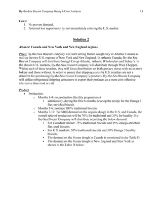 By-the-Sea Biscuit Company Group 6 Case Analysis 13
Cons:
1. No proven demand.
2. Potential lost opportunity by not immediately entering the U.S. market.
Solution 2
Atlantic Canada and New York and New England regions
Place: By-the-Sea Biscuit Company will start selling frozen dough only in Atlantic Canada as
well as the two U.S. regions of New York and New England. In Atlantic Canada, By-the-Sea
Biscuit Company will distribute through Co-op Atlantic, Atlantic Wholesalers and Sobey’s. In
the chosen U.S. markets, By-the-Sea Biscuit Company will distribute through Price Chopper.
Within each of these retailers, they will focus distribution on both grocery stores with an in-store
bakery and those without. In order to ensure that shipping costs for U.S. retailers are not a
deterrent for purchasing By-the-Sea Biscuit Company’s products, By-the-Sea Biscuit Company
will utilize refrigerated shipping containers to export their products as a more cost-effective
alternative than road or rail.
Product
• Production:
o Months 1-4: no production (facility preparations)
§ additionally, during the first 6 months develop the recipe for the Omega 3
flax-enriched biscuit.
o Months 5-6: produce 100% traditional biscuits
o Months 7-12: To fulfill demand on the organic dough in the U.S. and Canada, the
overall ratio of production will be 70% for traditional and 30% for healthy. By-
the-Sea Biscuit Company will distribute according the below demand:
§ For Canadian market: 75% traditional biscuits and 25% omega-enriched
flax seed biscuits.
§ For U.S. markets: 50% traditional biscuits and 50% Omega 3 healthy
biscuits.
§ The demand on the frozen dough in Canada is mentioned in the Table D.
§ The demand on the frozen dough in New England and New York in
shown in the Table H below:
 
