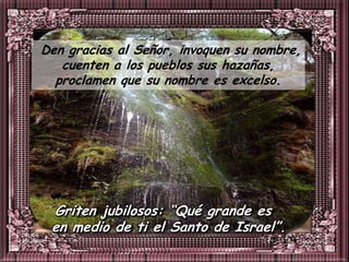 Den gracias al Señor, invoquen su nombre,
   cuenten a los pueblos sus hazañas,
  proclamen que su nombre es excelso.




 Griten jubilosos: “Qué grande es
 en medio de ti el Santo de Israel”.
 