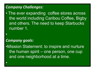 Company Challenges:
• The ever expanding coffee stores across
  the world including Caribou Coffee, Bigby
  and others. The need to keep Starbucks
  number 1.
•
Company goals:
•Mission Statement: to inspire and nurture
  the human spirit – one person, one cup
  and one neighborhood at a time.
•
 