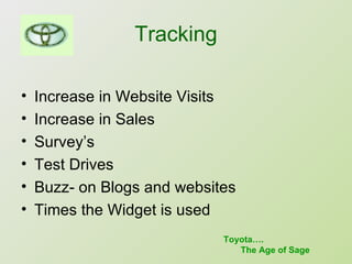 Tracking Increase in Website Visits Increase in Sales Survey’s Test Drives Buzz- on Blogs and websites  Times the Widget is used Toyota…. The Age of Sage 