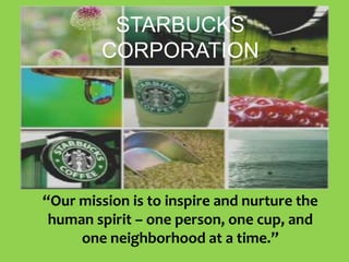 STARBUCKS CORPORATION “Our mission is to inspire and nurture the human spirit – one person, one cup, and one neighborhood at a time.” 