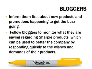 Social mediaengage consumers  TwitterSharpie Once a Month Pack Give A Way, encourage new followers, once following, have challenges to win product with fastest tweet or trivia questions regarding the brand.