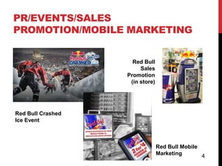 PR/EVENTS/SALES
PROMOTION/MOBILE MARKETING


                     Red Bull
                        Sales
                   Promotion
                    (in store)




Red Bull Crashed
Ice Event



                                 Red Bull Mobile
                                 Marketing       4
 
