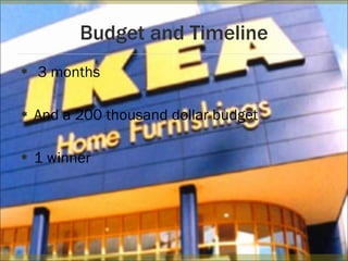 Budget and Timeline 3 months And a 200 thousand dollar budget 1 winner