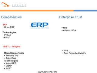 www.advaanz.com
Competencies
ERP
 Open ERP
Technologies
 Python
 REST
Enterprise Trust
 Nval
 Advanz, USA
BI/ETL - Analytics
Open Source Tools
 Pentaho Tool
 TalendTool
Technologies
 Java/J2EE
 SOAP
 REST
 Nval
 Ariel Property Advisors
 