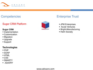 www.advaanz.com
Competencies
Sugar CRM Platform
Sugar CRM
 Implementation
 Customization
 Migration
 Upgrade
 Support
Technologies
 PHP
 SOAP
 HTML
 CSS
 SMARTY
 JQUERY
Enterprise Trust
 JPM Enterprises
 Acute Ventures
 Bright-Manufacturing
 Helm Society
 