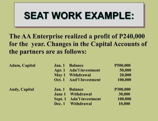 SEAT WORK EXAMPLE:
The AA Enterprise realized a profit of P240,000
for the year. Changes in the Capital Accounts of
the partners are as follows:
Adam, Capital Jan. 1 Balance P500,000
Apr. 1 Adn’l investment 50,000
May 1 Withdrawal 20,000
Oct. 1 And’l Investment 100,000
Andy, Capital Jan. 1 Balance P300,000
June 1 Withdrawal 30,000
Sept. 1 Adn’l investment 100,000
Dec. 1 Withdrawal 10,000
 