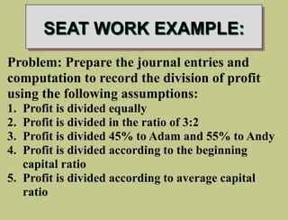 SEAT WORK EXAMPLE:
Problem: Prepare the journal entries and
computation to record the division of profit
using the following assumptions:
1. Profit is divided equally
2. Profit is divided in the ratio of 3:2
3. Profit is divided 45% to Adam and 55% to Andy
4. Profit is divided according to the beginning
capital ratio
5. Profit is divided according to average capital
ratio
 