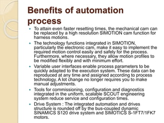 Benefits of automation
process
 To attain even faster resetting times, the mechanical cam can
be replaced by a high resolution SIMOTION cam function for
harness motions.
 The technology functions integrated in SIMOTION,
particularly the electronic cam, make it easy to implement the
required motion control easily and safely for the process.
Furthermore, where necessary, they allow motion profiles to
be modified flexibly and with minimum effort.
 Variable user interfaces enable process parameters to be
quickly adapted to the execution system. These data can be
reproduced at any time and assigned according to process
technology. A lot change no longer requires you to make
manual adjustments.
 Tools for commissioning, configuration and diagnostics
integrated in the uniform, scalable SCOUT engineering
system reduce service and configuration times.
 Drive System : The integrated automation and drives
structure is rounded off by the bus-coupled dynamic
SINAMICS S120 drive system and SIMOTICS S-1FT7/1FK7
motors.
 