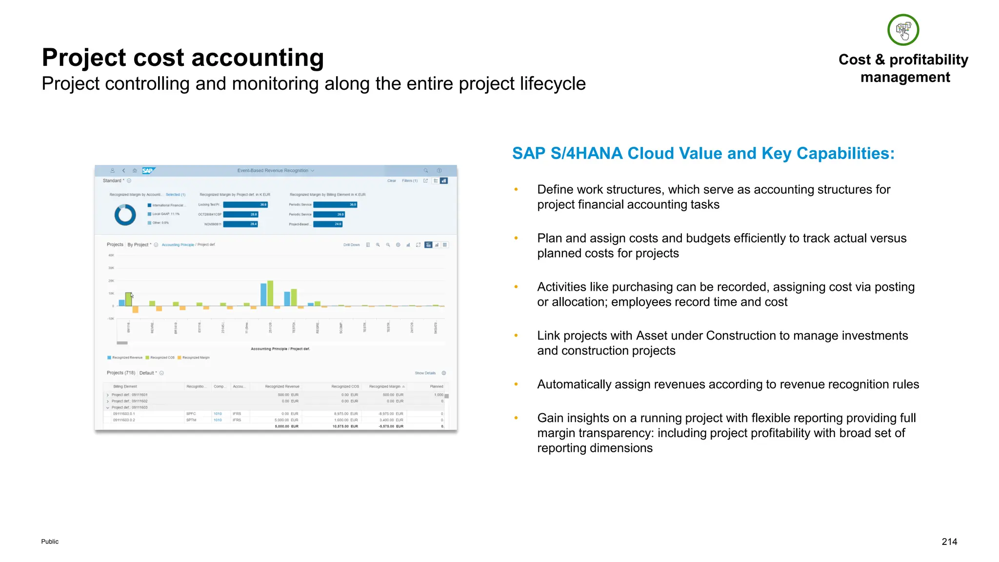 214
Public
Project cost accounting
Project controlling and monitoring along the entire project lifecycle
• Define work structures, which serve as accounting structures for
project financial accounting tasks
• Plan and assign costs and budgets efficiently to track actual versus
planned costs for projects
• Activities like purchasing can be recorded, assigning cost via posting
or allocation; employees record time and cost
• Link projects with Asset under Construction to manage investments
and construction projects
• Automatically assign revenues according to revenue recognition rules
• Gain insights on a running project with flexible reporting providing full
margin transparency: including project profitability with broad set of
reporting dimensions
Cost & profitability
management
SAP S/4HANA Cloud Value and Key Capabilities:
 