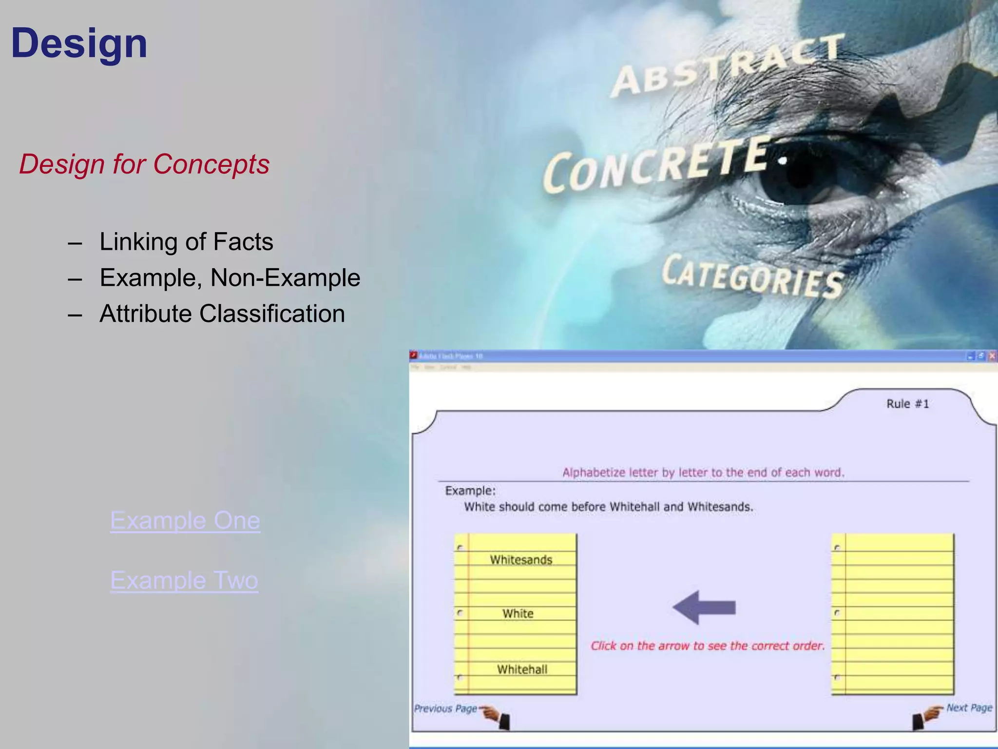 Design

Design for Concepts

   – Linking of Facts
   – Example, Non-Example
   – Attribute Classification




      Example One

      Example Two
 