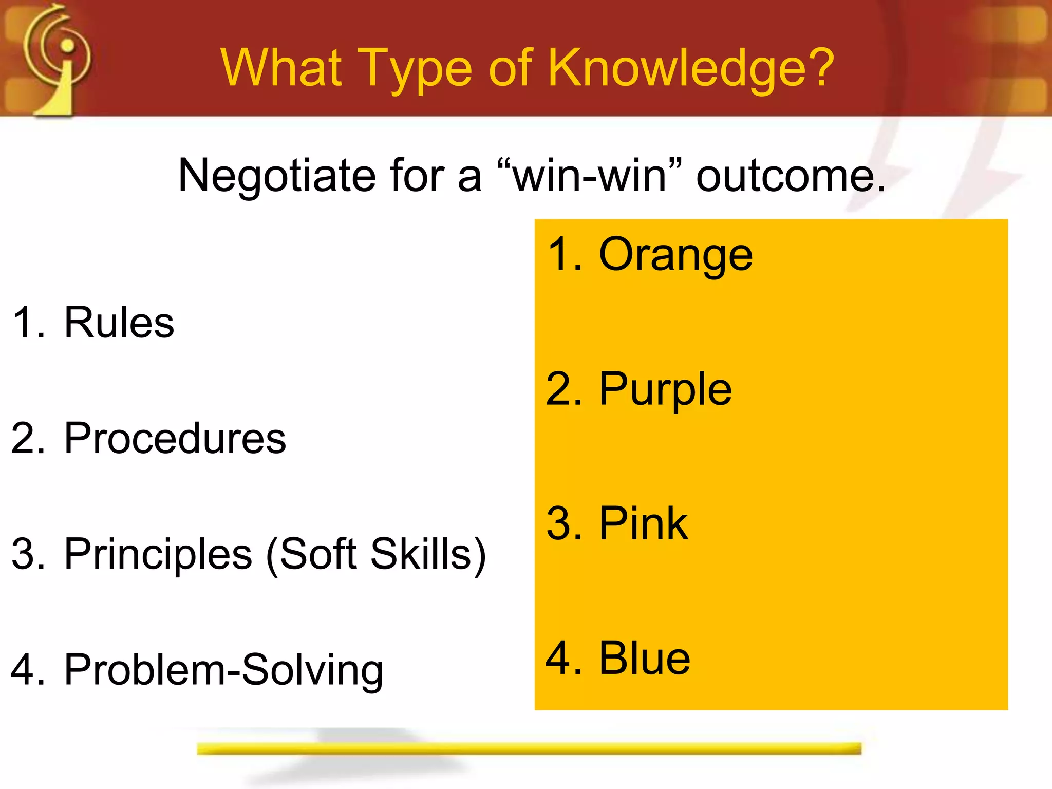 What Type of Knowledge?

           Negotiate for a “win-win” outcome.
                              1. Orange
1. Rules
                              2. Purple
2. Procedures
                              3. Pink
3. Principles (Soft Skills)

4. Problem-Solving            4. Blue
 