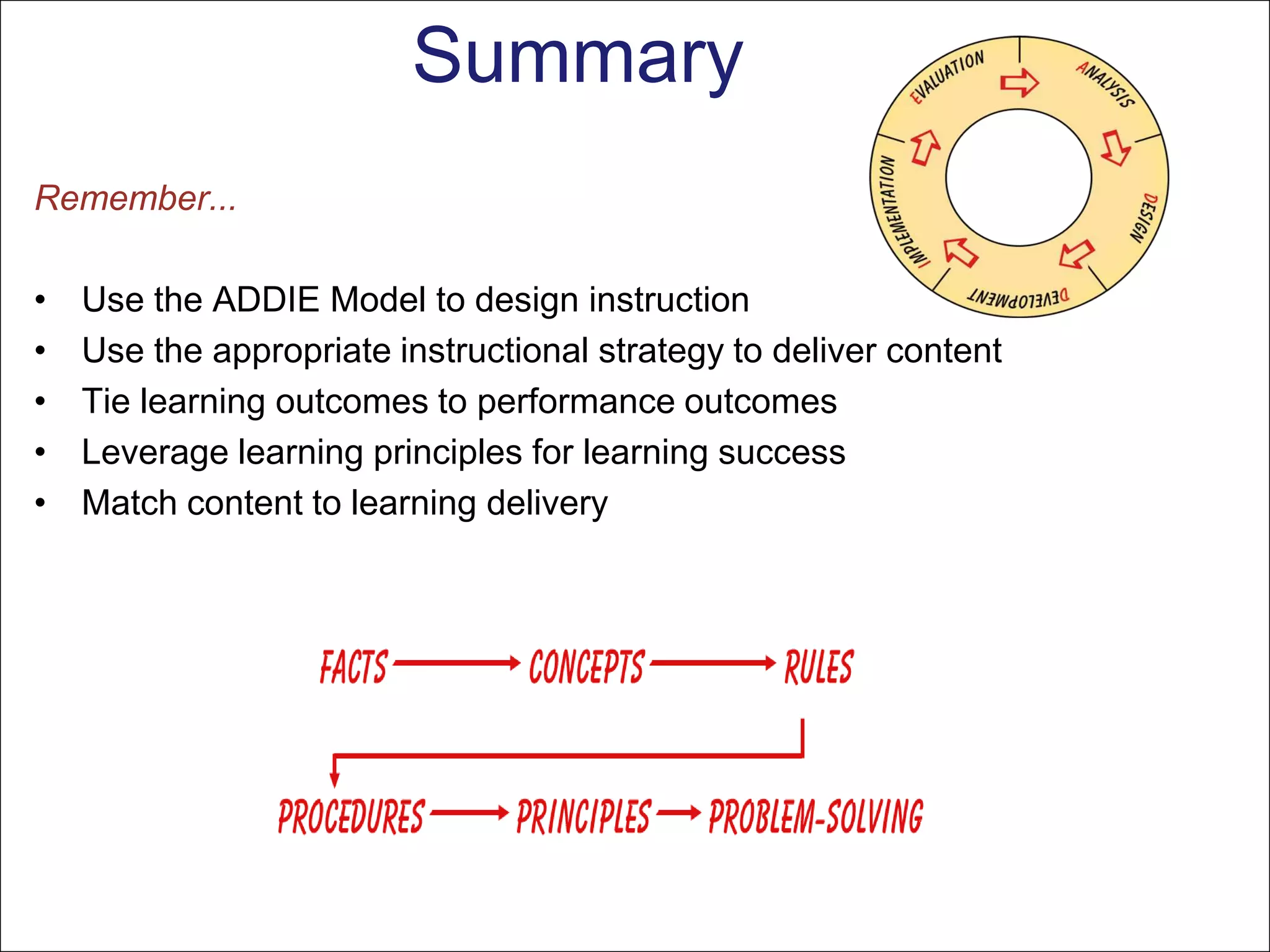 Summary
Remember...

•   Use the ADDIE Model to design instruction
•   Use the appropriate instructional strategy to deliver content
•   Tie learning outcomes to performance outcomes
•   Leverage learning principles for learning success
•   Match content to learning delivery
 