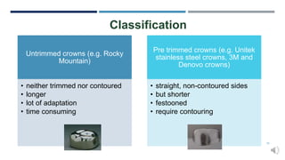 Classification
16
Untrimmed crowns (e.g. Rocky
Mountain)
• neither trimmed nor contoured
• longer
• lot of adaptation
• time consuming
Pre trimmed crowns (e.g. Unitek
stainless steel crowns, 3M and
Denovo crowns)
• straight, non-contoured sides
• but shorter
• festooned
• require contouring
 