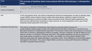 TITLE The success of stainless steel crowns placed with the Hall technique: a retrospective
study.
AUTHOR
LEVEL OF EVIDENCE
J Am Dent Assoc. 2014 Dec;145(12):1248-53.
Ludwig KH, Fontana M, Vinson LA, Platt JA, Dean JA
Ic
AIM In this retrospective study, the authors evaluated the clinical and radiographic success of stainless steel
crowns (SSCs) used to restore primary molars with caries lesions, placed by means of both the
traditional technique (involving complete caries removal and tooth reduction before placement of the
SSC) and the Hall technique (involving no caries removal, no crown preparation and no use of local
anesthetic before placement of the SSC).
MATERIALS AND METHOD The authors conducted a retrospective chart review by using the patient records at a
private pediatric dental practice at which the Hall technique had been introduced in June 2010 as an
alternative treatment to traditional SSC placement. The inclusion criteria were caries lesions on a primary
molar with no clinical or radiographic evidence of pulpitis, necrosis or abscess, as well as follow-up of at
least six months or until failure, whichever came first. They graded restoration success by using a four-
point scale based on presence or loss of the SSC, and whether or not the patient needed further
treatment associated with pulpal pathology or secondary caries. They collected and summarized patient
demographic information. They used a Kaplan-Meier survival curve along with 95 percent confidence
intervals to evaluate clinical success.
 