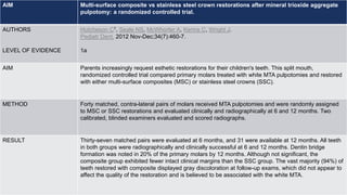 AIM Multi-surface composite vs stainless steel crown restorations after mineral trioxide aggregate
pulpotomy: a randomized controlled trial.
AUTHORS
LEVEL OF EVIDENCE
Hutcheson C1, Seale NS, McWhorter A, Kerins C, Wright J.
Pediatr Dent. 2012 Nov-Dec;34(7):460-7.
1a
AIM Parents increasingly request esthetic restorations for their children's teeth. This split mouth,
randomized controlled trial compared primary molars treated with white MTA pulpotomies and restored
with either multi-surface composites (MSC) or stainless steel crowns (SSC).
METHOD Forty matched, contra-lateral pairs of molars received MTA pulpotomies and were randomly assigned
to MSC or SSC restorations and evaluated clinically and radiographically at 6 and 12 months. Two
calibrated, blinded examiners evaluated and scored radiographs.
RESULT Thirty-seven matched pairs were evaluated at 6 months, and 31 were available at 12 months. All teeth
in both groups were radiographically and clinically successful at 6 and 12 months. Dentin bridge
formation was noted in 20% of the primary molars by 12 months. Although not significant, the
composite group exhibited fewer intact clinical margins than the SSC group. The vast majority (94%) of
teeth restored with composite displayed gray discoloration at follow-up exams, which did not appear to
affect the quality of the restoration and is believed to be associated with the white MTA.
 