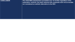 CONCLUSION The white MTA pulpotomies succeeded over 12 months regardless of the
restoration; however, the teeth restored with composite were not as durable
nor considered an esthetic alternative to the SSC.
 