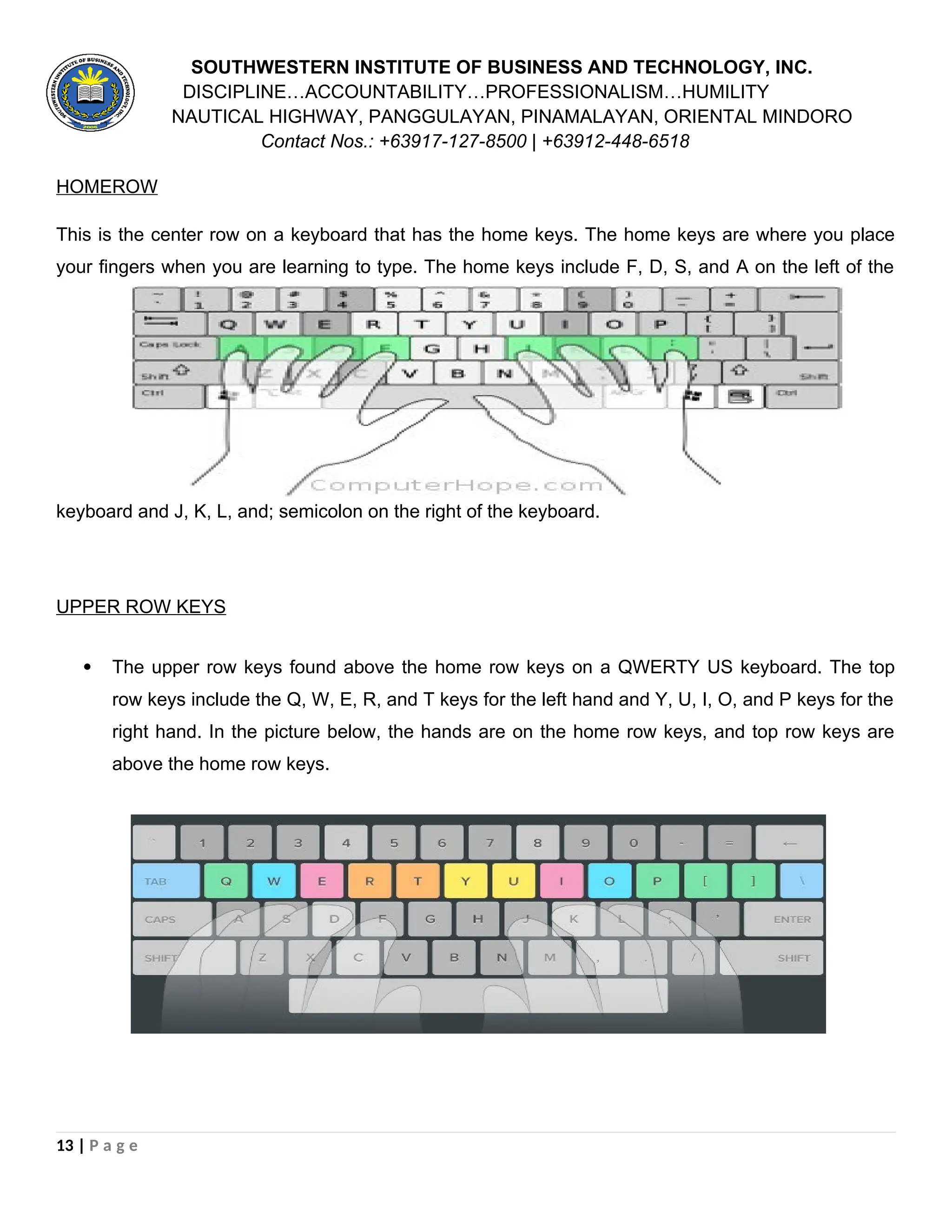 SOUTHWESTERN INSTITUTE OF BUSINESS AND TECHNOLOGY, INC.
DISCIPLINE…ACCOUNTABILITY…PROFESSIONALISM…HUMILITY
NAUTICAL HIGHWAY, PANGGULAYAN, PINAMALAYAN, ORIENTAL MINDORO
Contact Nos.: +63917-127-8500 | +63912-448-6518
HOMEROW
This is the center row on a keyboard that has the home keys. The home keys are where you place
your fingers when you are learning to type. The home keys include F, D, S, and A on the left of the
keyboard and J, K, L, and; semicolon on the right of the keyboard.
UPPER ROW KEYS
 The upper row keys found above the home row keys on a QWERTY US keyboard. The top
row keys include the Q, W, E, R, and T keys for the left hand and Y, U, I, O, and P keys for the
right hand. In the picture below, the hands are on the home row keys, and top row keys are
above the home row keys.
13 | P a g e
 