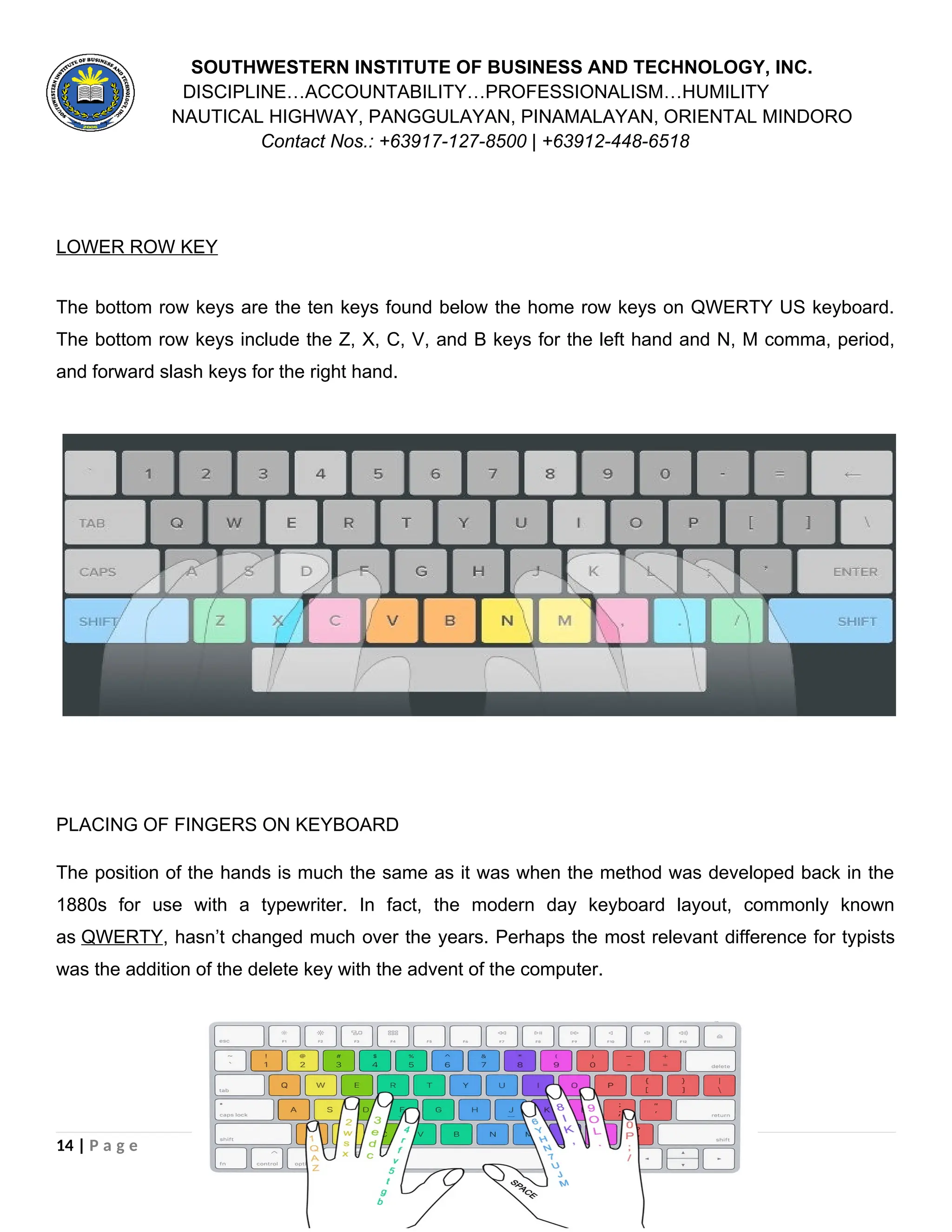 SOUTHWESTERN INSTITUTE OF BUSINESS AND TECHNOLOGY, INC.
DISCIPLINE…ACCOUNTABILITY…PROFESSIONALISM…HUMILITY
NAUTICAL HIGHWAY, PANGGULAYAN, PINAMALAYAN, ORIENTAL MINDORO
Contact Nos.: +63917-127-8500 | +63912-448-6518
LOWER ROW KEY
The bottom row keys are the ten keys found below the home row keys on QWERTY US keyboard.
The bottom row keys include the Z, X, C, V, and B keys for the left hand and N, M comma, period,
and forward slash keys for the right hand.
PLACING OF FINGERS ON KEYBOARD
The position of the hands is much the same as it was when the method was developed back in the
1880s for use with a typewriter. In fact, the modern day keyboard layout, commonly known
as QWERTY, hasn’t changed much over the years. Perhaps the most relevant difference for typists
was the addition of the delete key with the advent of the computer.
14 | P a g e
 