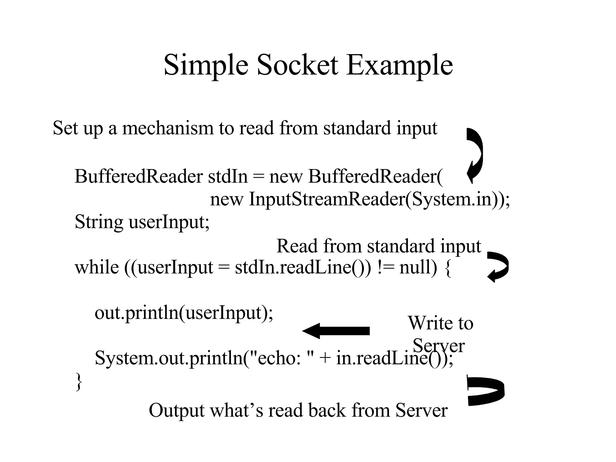 Simple Socket Example BufferedReader stdIn = new BufferedReader( new InputStreamReader(System.in)); String userInput; while ((userInput = stdIn.readLine()) != null) { out.println(userInput); System.out.println(&quot;echo: &quot; + in.readLine()); } Set up a mechanism to read from standard input Output what’s read back from Server Write to Server Read from standard input 