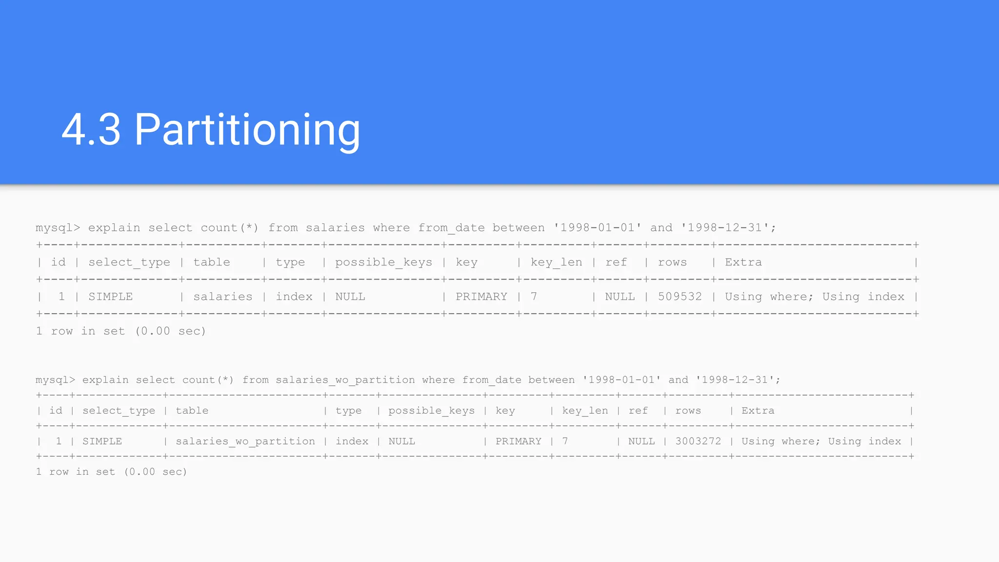 4.3 Partitioning
mysql> explain select count(*) from salaries where from_date between '1998-01-01' and '1998-12-31';
+----+-------------+----------+-------+---------------+---------+---------+------+--------+--------------------------+
| id | select_type | table | type | possible_keys | key | key_len | ref | rows | Extra |
+----+-------------+----------+-------+---------------+---------+---------+------+--------+--------------------------+
| 1 | SIMPLE | salaries | index | NULL | PRIMARY | 7 | NULL | 509532 | Using where; Using index |
+----+-------------+----------+-------+---------------+---------+---------+------+--------+--------------------------+
1 row in set (0.00 sec)
mysql> explain select count(*) from salaries_wo_partition where from_date between '1998-01-01' and '1998-12-31';
+----+-------------+-----------------------+-------+---------------+---------+---------+------+---------+--------------------------+
| id | select_type | table | type | possible_keys | key | key_len | ref | rows | Extra |
+----+-------------+-----------------------+-------+---------------+---------+---------+------+---------+--------------------------+
| 1 | SIMPLE | salaries_wo_partition | index | NULL | PRIMARY | 7 | NULL | 3003272 | Using where; Using index |
+----+-------------+-----------------------+-------+---------------+---------+---------+------+---------+--------------------------+
1 row in set (0.00 sec)
 