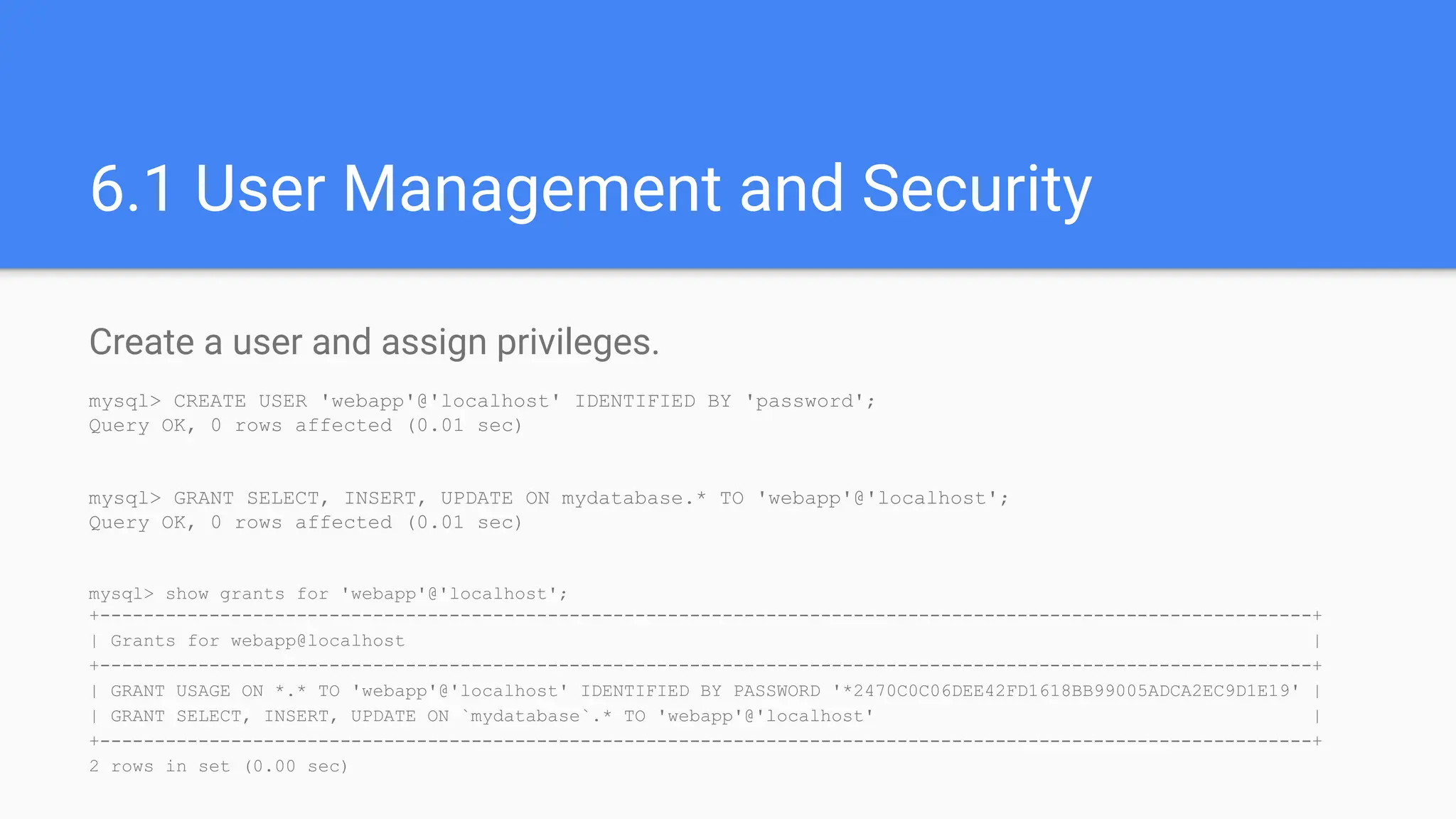 6.1 User Management and Security
Create a user and assign privileges.
mysql> CREATE USER 'webapp'@'localhost' IDENTIFIED BY 'password';
Query OK, 0 rows affected (0.01 sec)
mysql> GRANT SELECT, INSERT, UPDATE ON mydatabase.* TO 'webapp'@'localhost';
Query OK, 0 rows affected (0.01 sec)
mysql> show grants for 'webapp'@'localhost';
+---------------------------------------------------------------------------------------------------------------+
| Grants for webapp@localhost |
+---------------------------------------------------------------------------------------------------------------+
| GRANT USAGE ON *.* TO 'webapp'@'localhost' IDENTIFIED BY PASSWORD '*2470C0C06DEE42FD1618BB99005ADCA2EC9D1E19' |
| GRANT SELECT, INSERT, UPDATE ON `mydatabase`.* TO 'webapp'@'localhost' |
+---------------------------------------------------------------------------------------------------------------+
2 rows in set (0.00 sec)
 