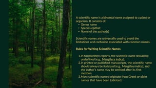 A scientific name is a binomial name assigned to a plant or
organism. It consists of:
• Genus name
• Species epithet
• Name of the author(s)
Scientific names are universally used to avoid the
limitations and confusion associated with common names.
Rules for Writing Scientific Names
1.In handwritten reports, the scientific name should be
underlined (e.g., Mangifera indica).
2.In printed or published manuscripts, the scientific name
should always be italicized (e.g., Mangifera indica), and
the author’s name may be omitted after its first
mention.
3.Most scientific names originate from Greek or older
names that have been Latinized.
 