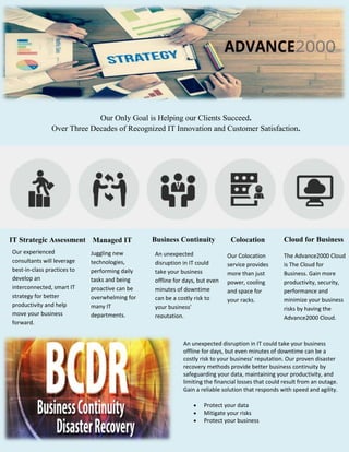 Our Only Goal is Helping our Clients Succeed.
Over Three Decades of Recognized IT Innovation and Customer Satisfaction.
IT Strategic Assessment Managed IT Business Continuity Colocation Cloud for Business
Our experienced
consultants will leverage
best-in-class practices to
develop an
interconnected, smart IT
strategy for better
productivity and help
move your business
forward.
Juggling new
technologies,
performing daily
tasks and being
proactive can be
overwhelming for
many IT
departments.
An unexpected
disruption in IT could
take your business
offline for days, but even
minutes of downtime
can be a costly risk to
your business’
reputation.
Our Colocation
service provides
more than just
power, cooling
and space for
your racks.
The Advance2000 Cloud
is The Cloud for
Business. Gain more
productivity, security,
performance and
minimize your business
risks by having the
Advance2000 Cloud.
An unexpected disruption in IT could take your business
offline for days, but even minutes of downtime can be a
costly risk to your business’ reputation. Our proven disaster
recovery methods provide better business continuity by
safeguarding your data, maintaining your productivity, and
limiting the financial losses that could result from an outage.
Gain a reliable solution that responds with speed and agility.
Protect your data
Mitigate your risks
Protect your business
 